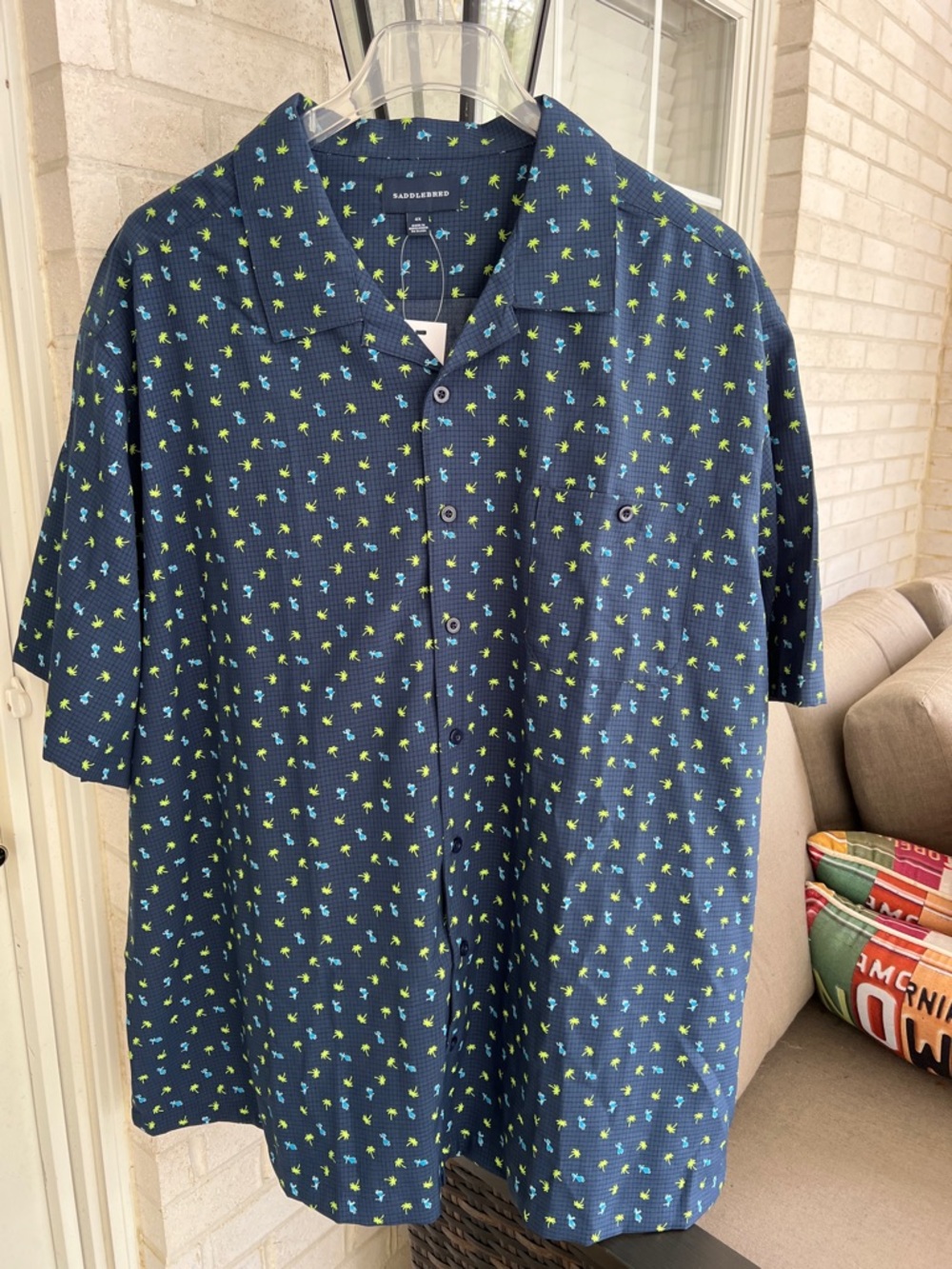 Saddlebred Navy Short-Sleeve Button-Front Shirt with Hula & Palm Micro Print